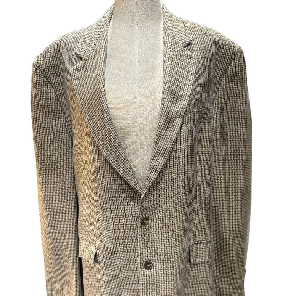 Chaps Men’s Classic-Fit Sport Coat – Gray Houndstooth 100% Silk Blazer – Size 48
